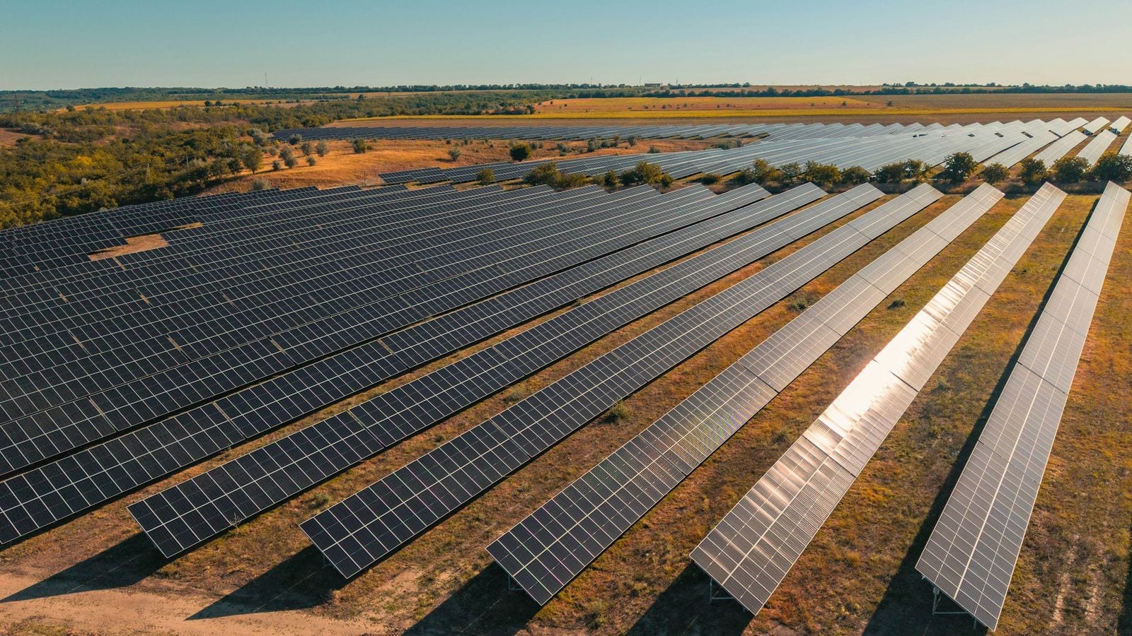 Filas de paneles solares de una planta de piso vistas desde arriba, con campo de cultivo al fondo